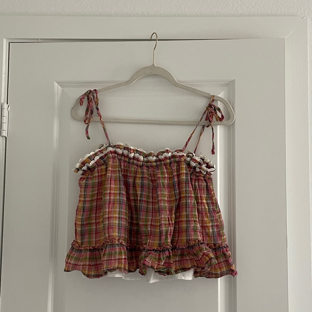 Daphnea Paris Babydoll Crop Top Plaid Ruffle Tank Swingtop Dollcore Cottagecore